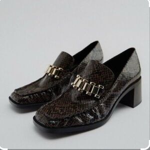 Zara Snakeskin Brown Loafers with Gold Detail